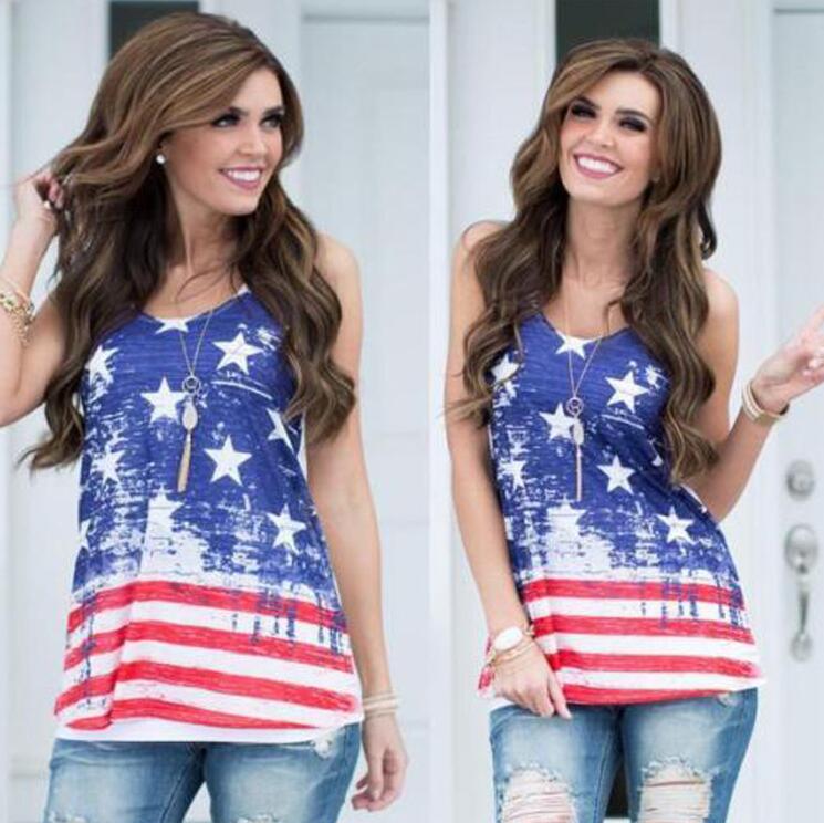 F2504  American Flag Vest Shirt Top Blouse Ladies Tops